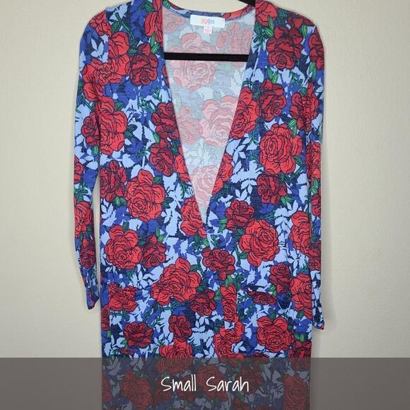 LuLaRoe Sarah Duster Cardigan Small Floral Roses Red Blue NEW - Picture 1 of 2